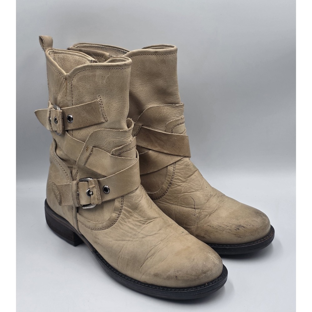 Guess Grier Women's MOTO Ankle Boots Wrap Around Buckle Size 8M Beige